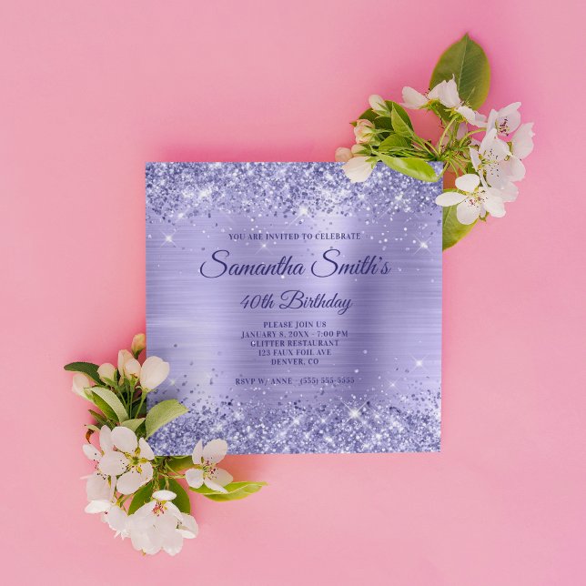 Convites Faux Periwinkle Glitter and Foil aniversário de 40 (Create your own milestone birthday invitation for her.)