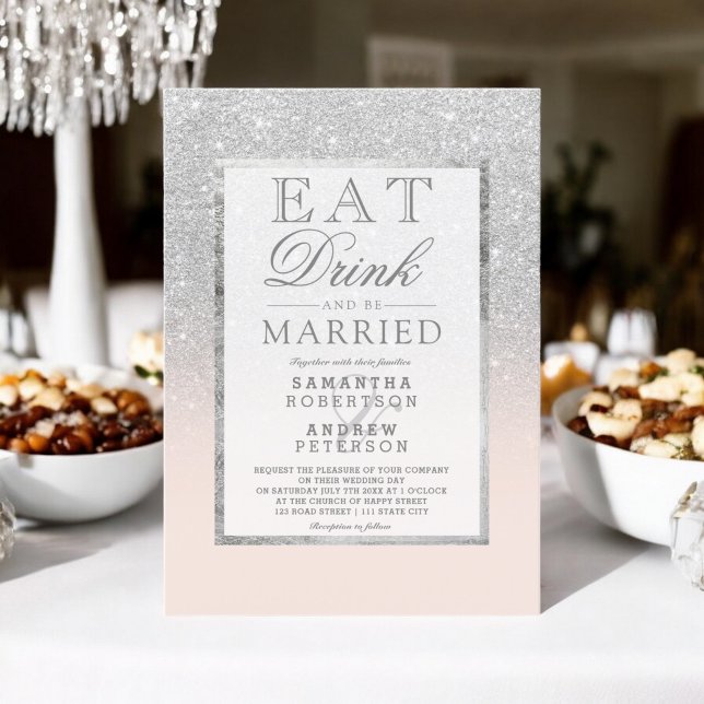 Convites Faux prata reluzente blush cor-de-rosa comer bebid (Faux silver glitter blush pink eat drink wedding invitation)