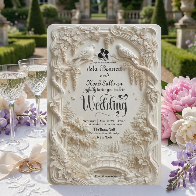 Convites Faux Relief Carved Pastoral Birds Wedding (Criador carregado)