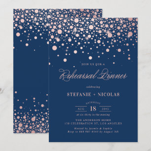 Convites Faux Rosa Dourada Confetti   Janto de ensaio azul