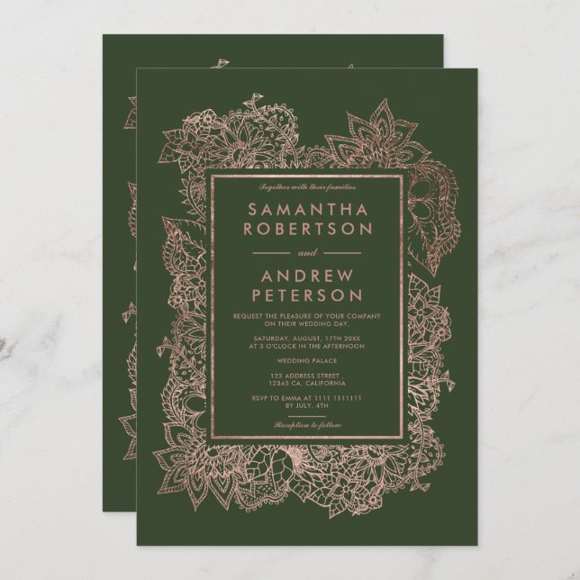 Convites Faux rosa dourado caçador de imagens verde casamen (Frente/Verso)