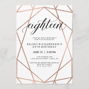 Convites Faux Rosa Dourado Geométrico 18ª Festa de aniver