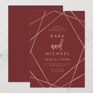 Convites Faux Rosa Dourado Geométrico   Burgundy Wedding
