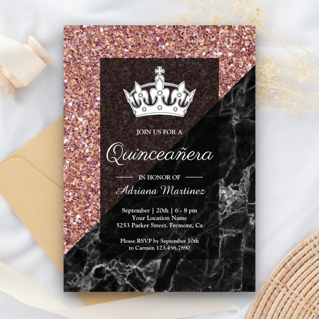 Convites Faux Rosa Dourado Glitter Black Marble Quinceanera (Criador carregado)