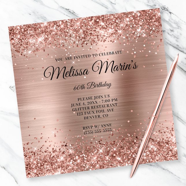 Convites Faux Rosa Dourado Glitter Foil Monograma 60º Anive (Create your own milestone birthday invitation for her.)