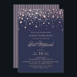 Convites Faux Rosa Gold Foil Confetti Blue Bat Mitzvah<br><div class="desc">Convide a família e os amigos para a sua filha Bat Mitzvah com este convite moderno e elegante. Ele apresenta pontos de confetti rosa dourados falsos e padrão de listras em fundo azul escuro. Personalize adicionando nome,  data,  hora,  local e outros detalhes do evento. Itens correspondentes estão disponíveis.</div>