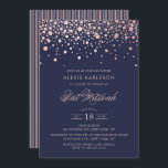 Convites Faux Rosa Gold Foil Confetti Blue Bat Mitzvah<br><div class="desc">Convide a família e os amigos para a sua filha Bat Mitzvah com este convite moderno e elegante. Ele apresenta pontos de confetti rosa dourados falsos e padrão de listras em fundo azul escuro. Personalize adicionando nome,  data,  hora,  local e outros detalhes do evento. Itens correspondentes estão disponíveis.</div>