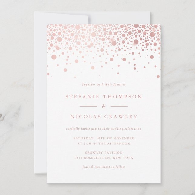 Convites Faux Rosa Gold Foil Confetti Dots Casamento (Frente)