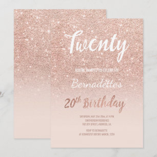 Convites Faux rosa gold glitter ombre 20 de Aniversário