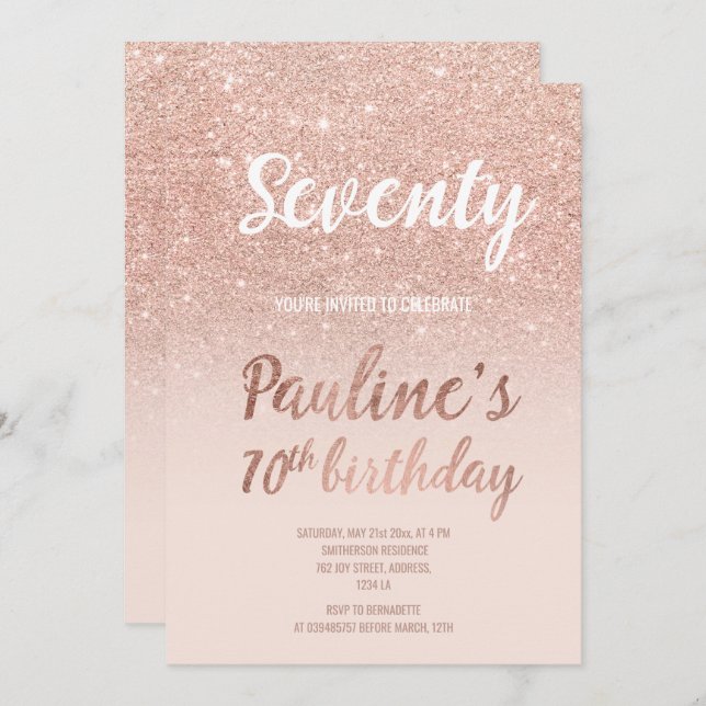 Convites Faux rosa gold glitter ombre 70 de Aniversário (Frente/Verso)