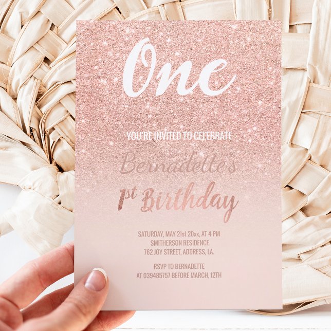 Convites Faux rosa gold glitter ombre primeiro Aniversário (Criador carregado)