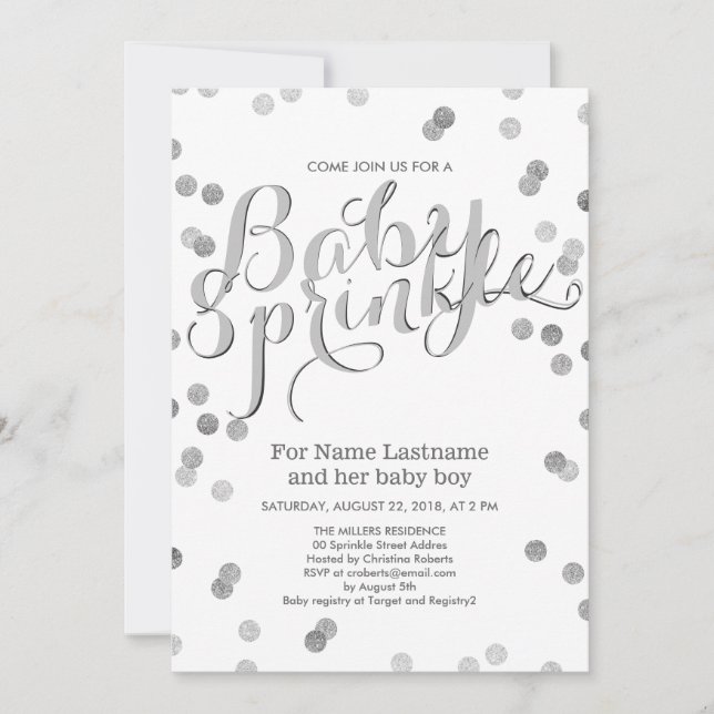Convites Faux Silver Confetti Modern Baby Sprinkle Invite (Frente)