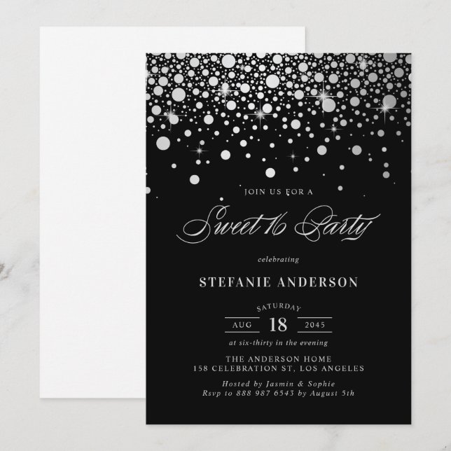 Convites Faux Silver Foil Confetti | Black Sweet Sessenta (Frente/Verso)