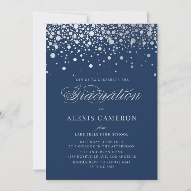 Convites Faux Silver Foil Confetti Pontos Graduação Azul (Frente)
