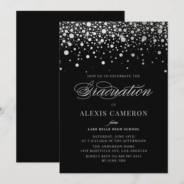Convites Faux Silver Foil Confetti Pontos Pretos Graduação (Frente/Verso)