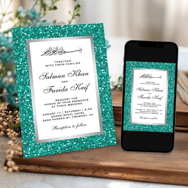 Convites Faux Silver Foil Teal Glitter Casamento Islâmico (Criador carregado)