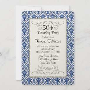 Convites Faux Silver Glitter Damask Padrão Floral Anivers