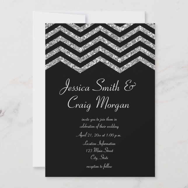 Convites Faux Silver Glitter e Black Chevron Wedding (Frente)
