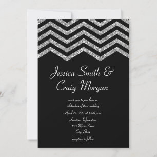 Convites Faux Silver Glitter e Black Chevron Wedding