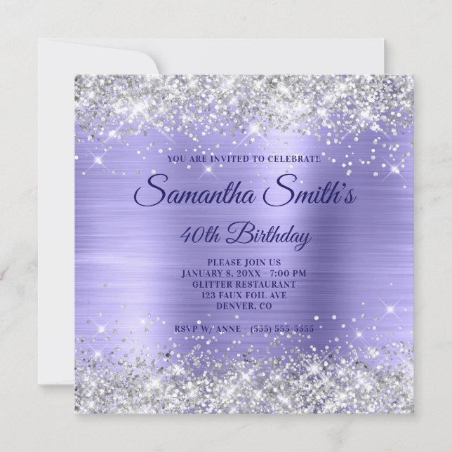 Convites Faux Silver Glitter Periwinkle Foil aniversário de (Frente)