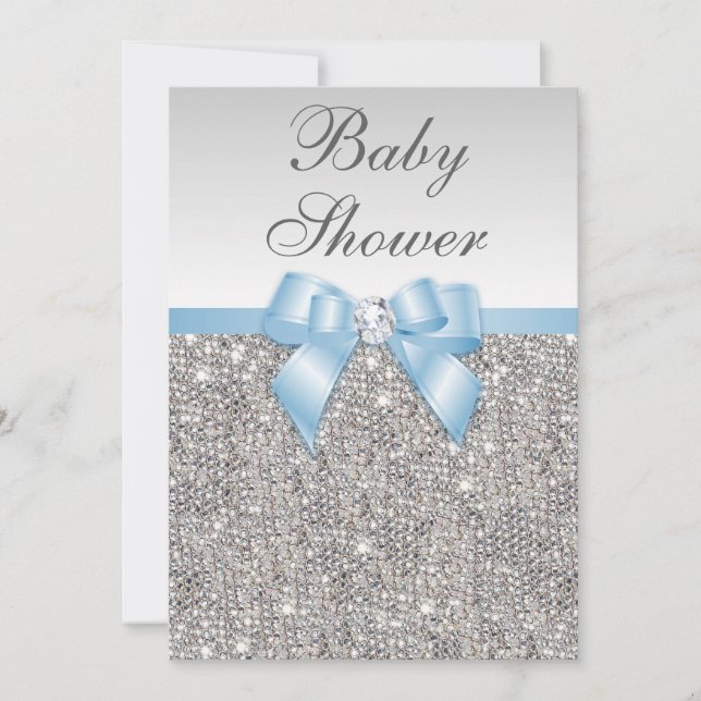 Convites Faux Silver Sequins Baby Blue Chá de fraldas (Frente)