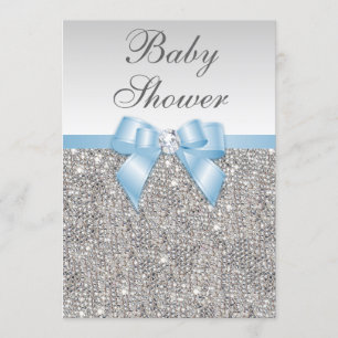 Convites Faux Silver Sequins Baby Blue Chá de fraldas