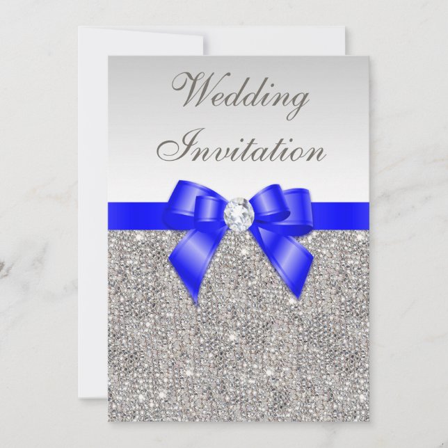 Convites Faux Silver Sequins Diamantes Casamento Azul Real (Frente)