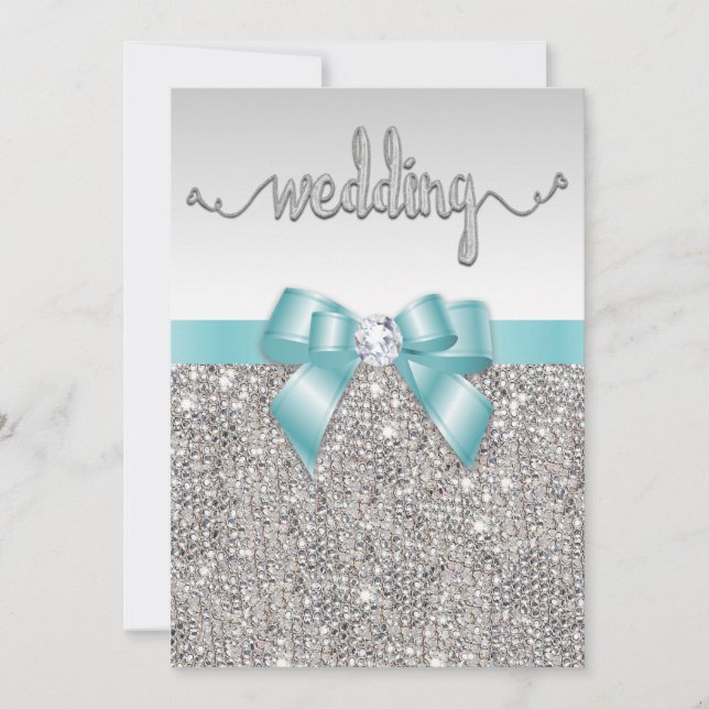 Convites Faux Silver Sequins Teal Arco Casamento Tipografia (Frente)