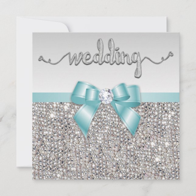 Convites Faux Silver Sequins Teal Blue Arco Casamento (Frente)