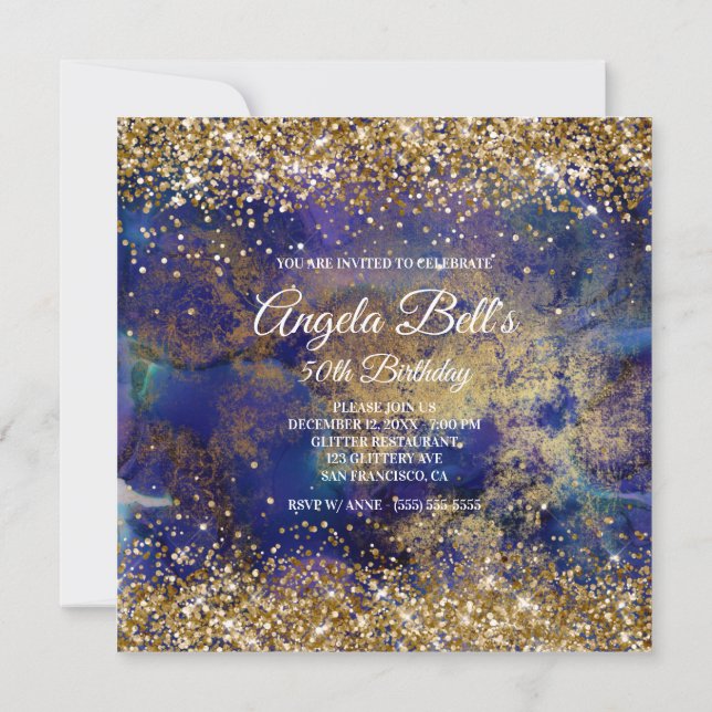 Convites Faux Sparkly Dourado Glitter Indigo Marble Monogra (Verso)
