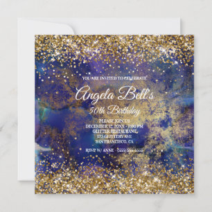 Convites Faux Sparkly Dourado Glitter Indigo Marble Monogra