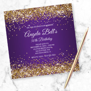 Convites Faux Sparkly Gold Glitter Royal Purple Ombre
