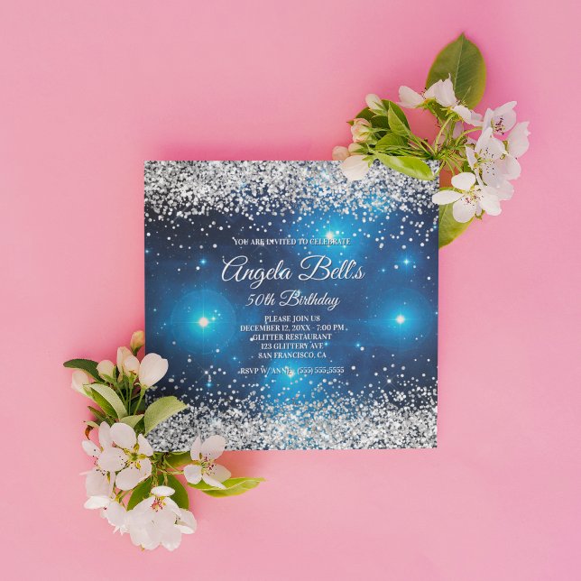 Convites Faux Sparkly Silver Glitter Celestial Blue (Create your own milestone birthday invitation for her.)