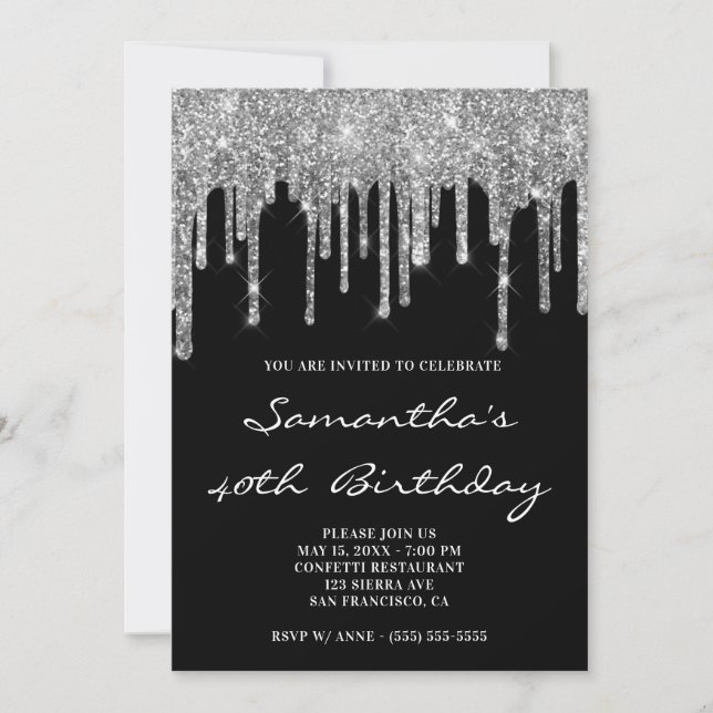 Convites Faux Sparkly Silver Glitter Drives Black Birthday (Frente)