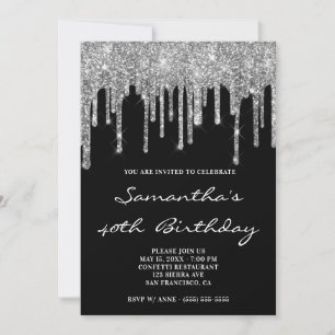 Convites Faux Sparkly Silver Glitter Drives Black Birthday