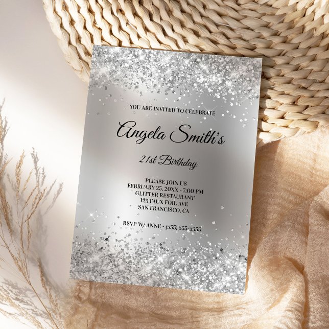 Convites Faux Sparkly Silver Glitter Satin Foil (Create your own silver glitter birthday invites.)