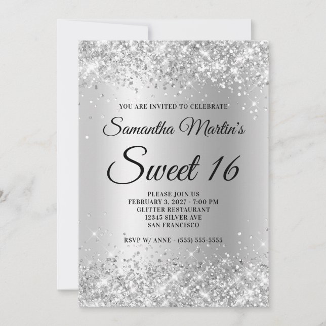 Convites Faux Sparkly Silver Glitter Satin Foil Sweet 16 (Frente)