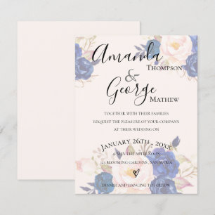 Convites Faux Vellum Efeito Blue Blush Floral Rosa Casament