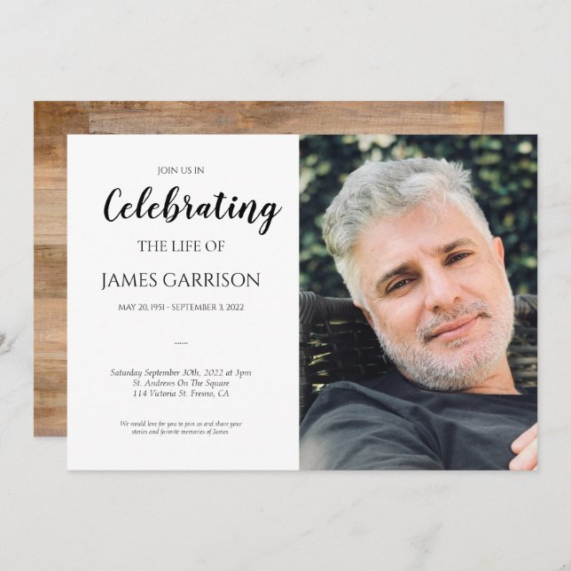 Convites Faux Wood Celebration of Life With Photo Funeral (Frente/Verso)