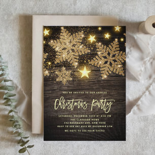Convites Faux Wood Dourado Glitter Snowflakes Festa de Nata