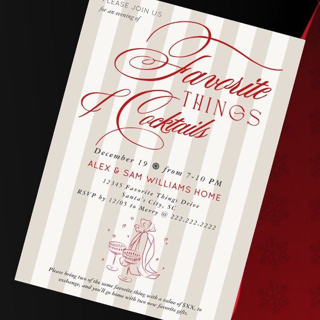 Convites Favorite Things & Cocktails Holiday Gift Exchange (Favorite Things & Cocktails Holiday Gift Exchange Elegant Preppy Millennial Christmas Invitation)