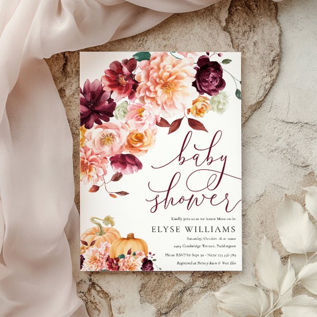 Convites Faye Burgundy Chá de fraldas Floral de outono (Criador carregado)