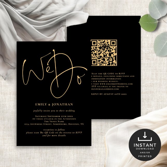 Convites Fazemos Casamento Preto com Código QR de Script Do (Front and back view)