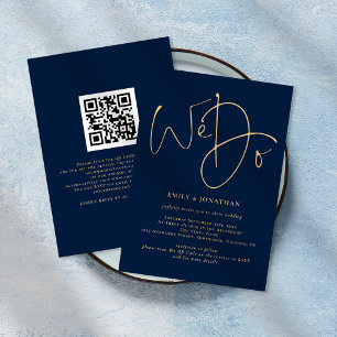 Convites Fazemos Dourado Script QR Code Marinho Blue Weddin