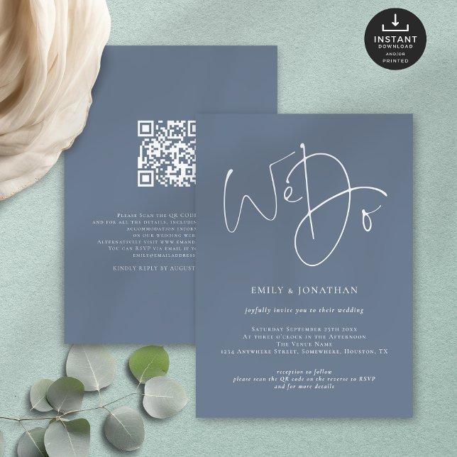 Convites Fazemos Script De Casamento De QR Branco Azul Dust (Front and back view)