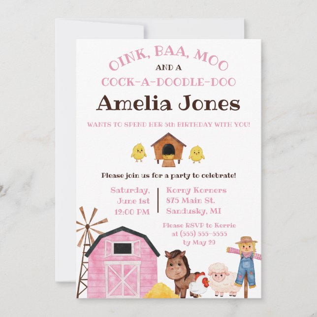 Convites Fazenda, Animais do Barnyard, Festa de aniversário (Frente)