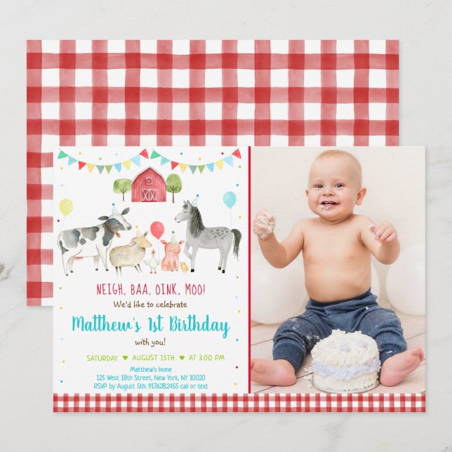 Convites Fazenda Animal Balloon Aniversário (Frente/Verso)