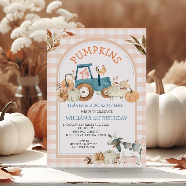 Convites Fazenda Animal Orange Gingham Fall Pumpkins Aniver (Criador carregado)