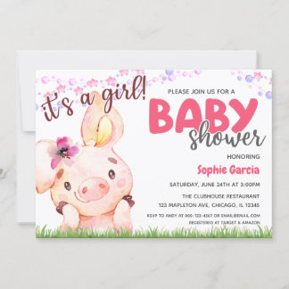 Convites Fazenda Animal Piggy Baby Pig Girl Chá de fraldas