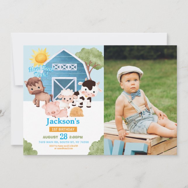 Convites Fazenda Aniversário 1rua Invite Blue Boys Uma Foto (Frente)